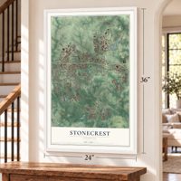 Stonecrest, Georgia map, 24 x 36 inch print in a white frame by a staircase