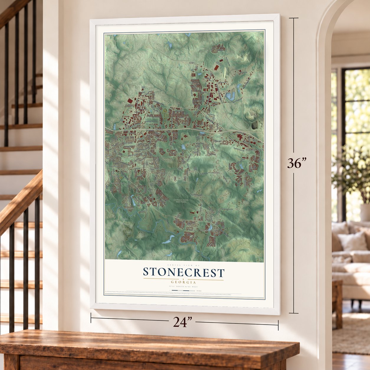 Stonecrest, Georgia map, 24 x 36 inch print in a white frame by a staircase