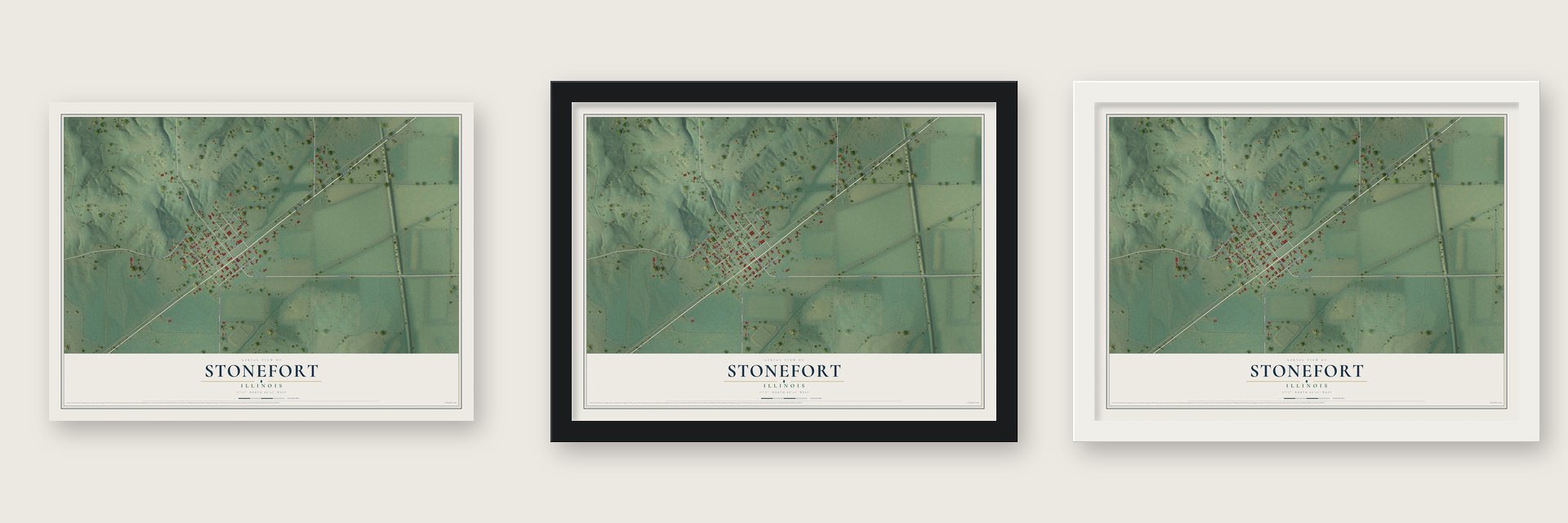 Stonefort, Illinois map unframed, in a black wood frame and in a white wood frame