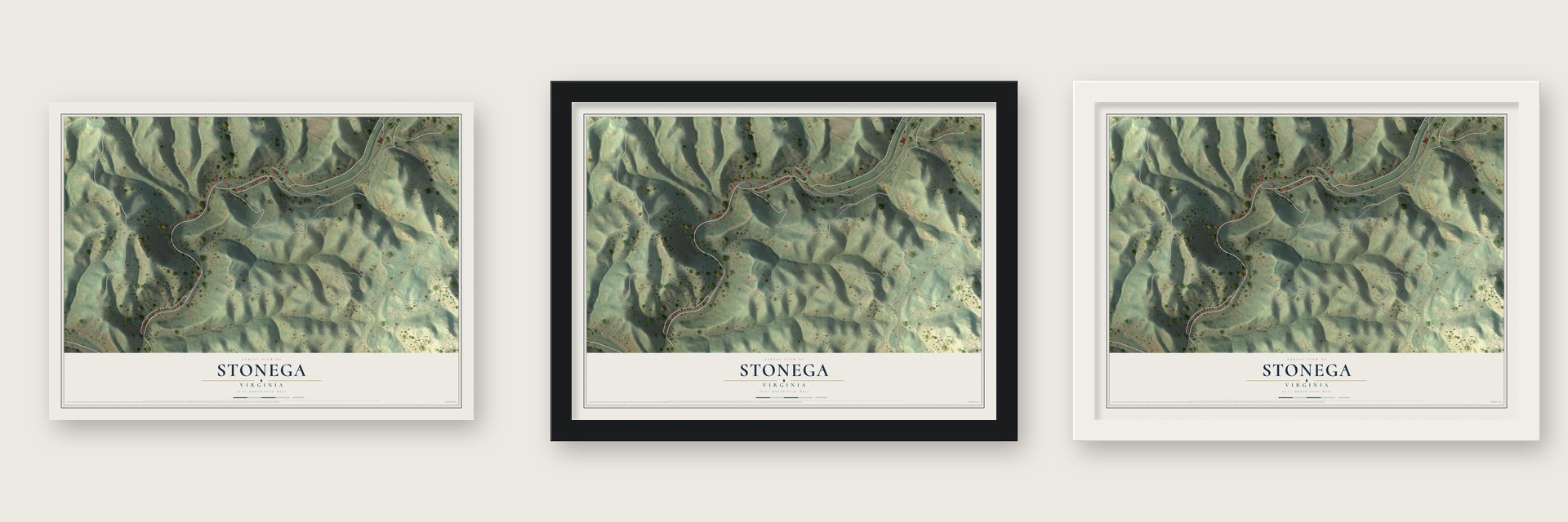 Stonega, Virginia map unframed, in a black wood frame and in a white wood frame