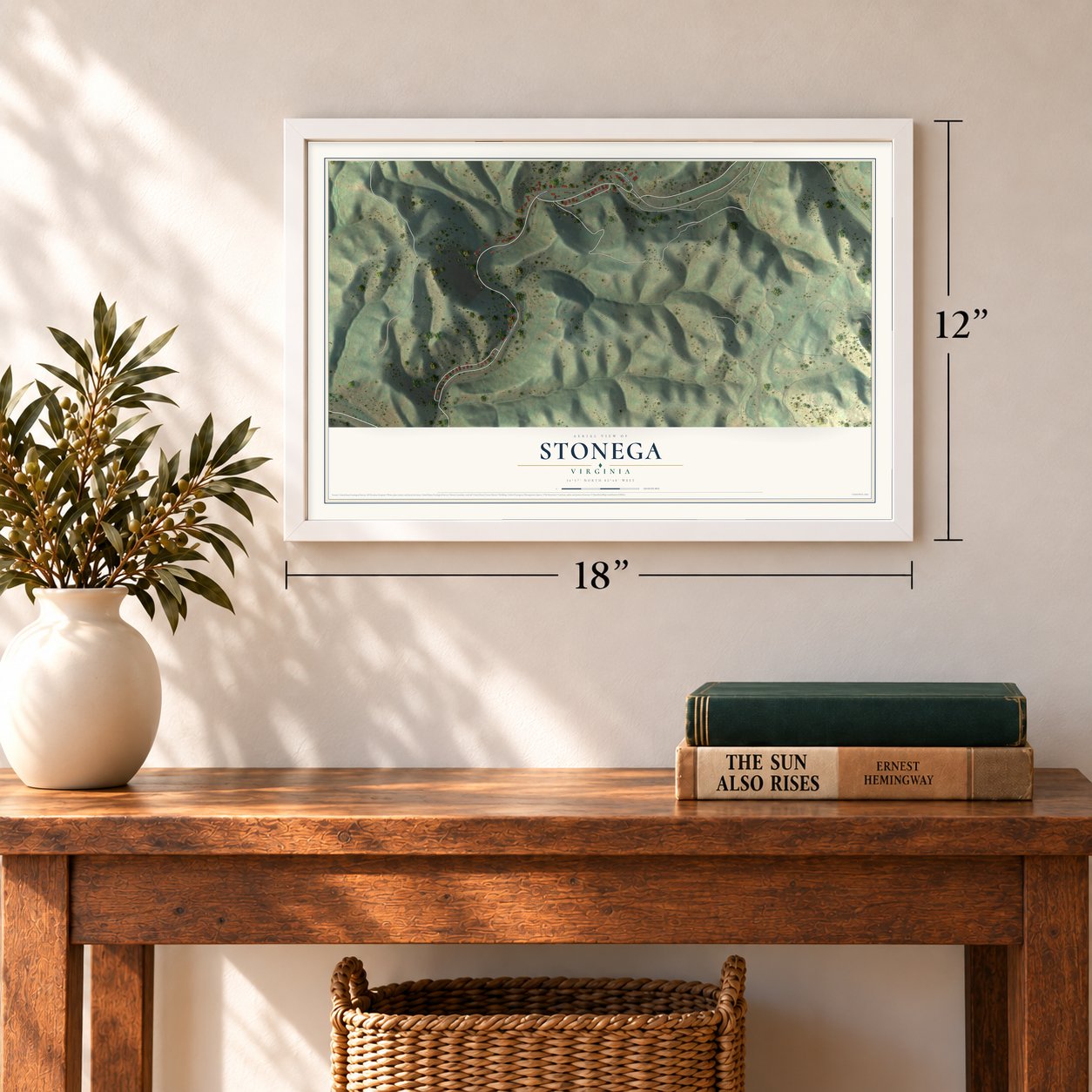 Stonega, Virginia map, 12 x 18 inch print in a white frame in an entryway
