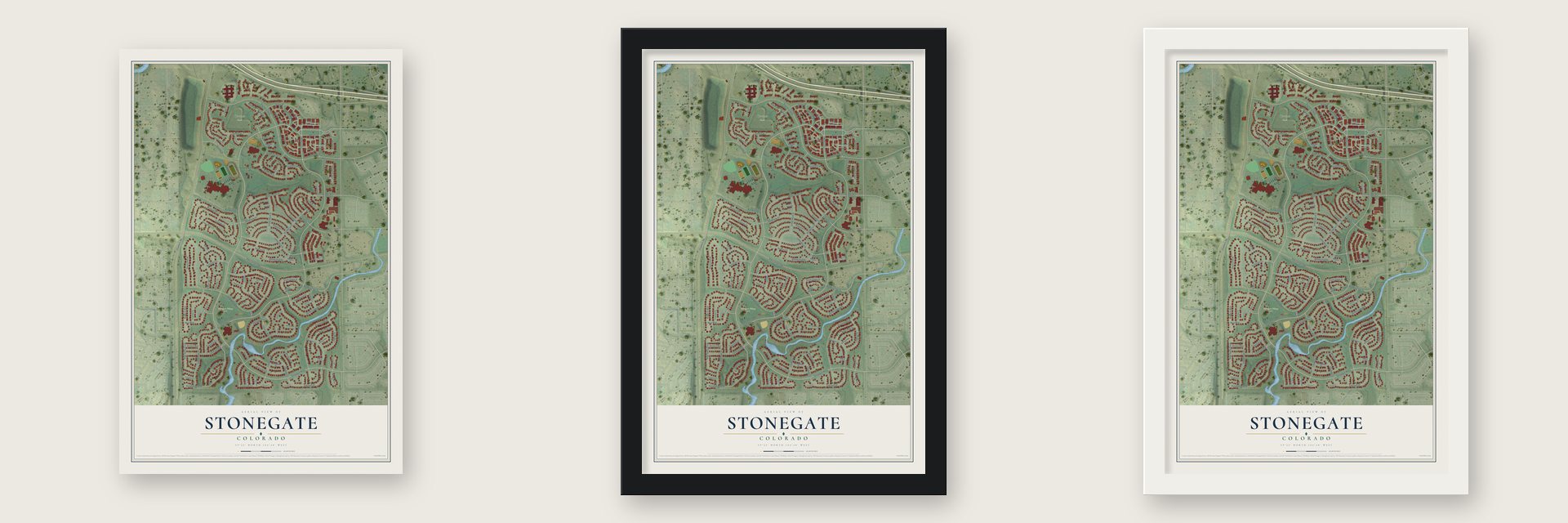 Stonegate, Colorado map unframed, in a black wood frame and in a white wood frame