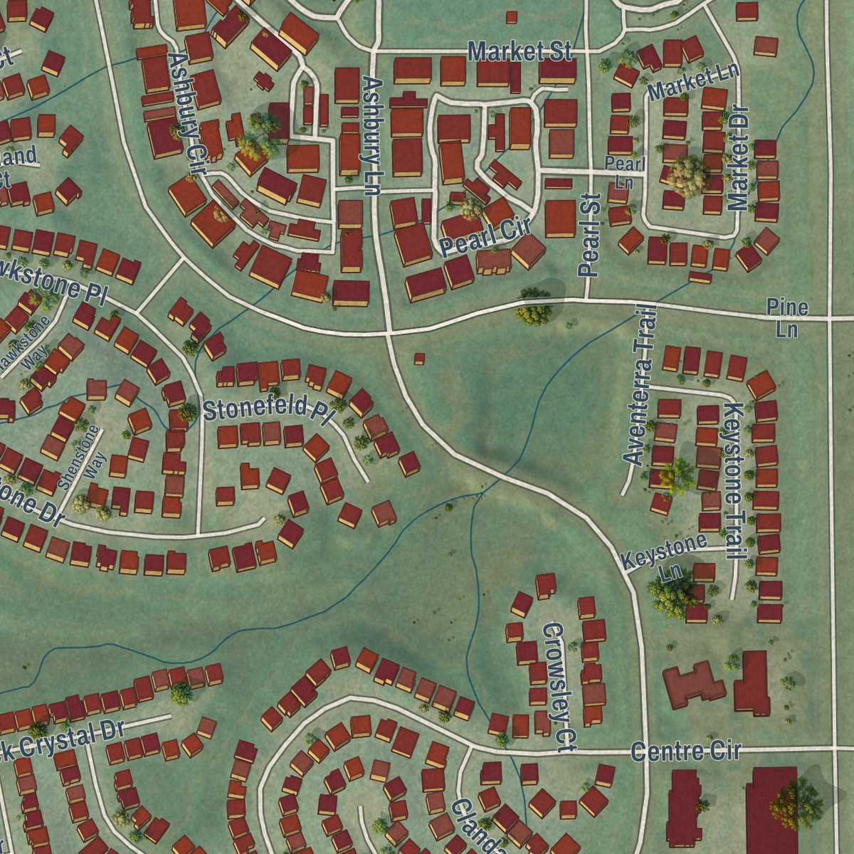 Second close-up of the map of Stonegate, Colorado print showing more streets and buildings