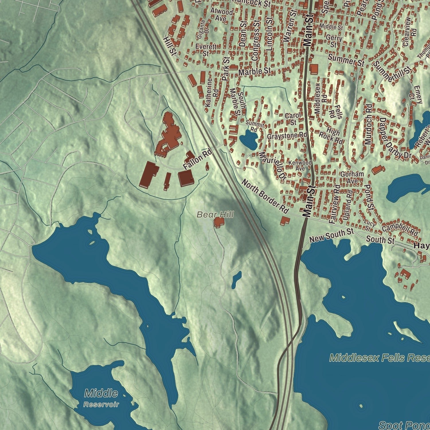 Close-up of the map of Stoneham, Massachusetts print showing terrain and local geography