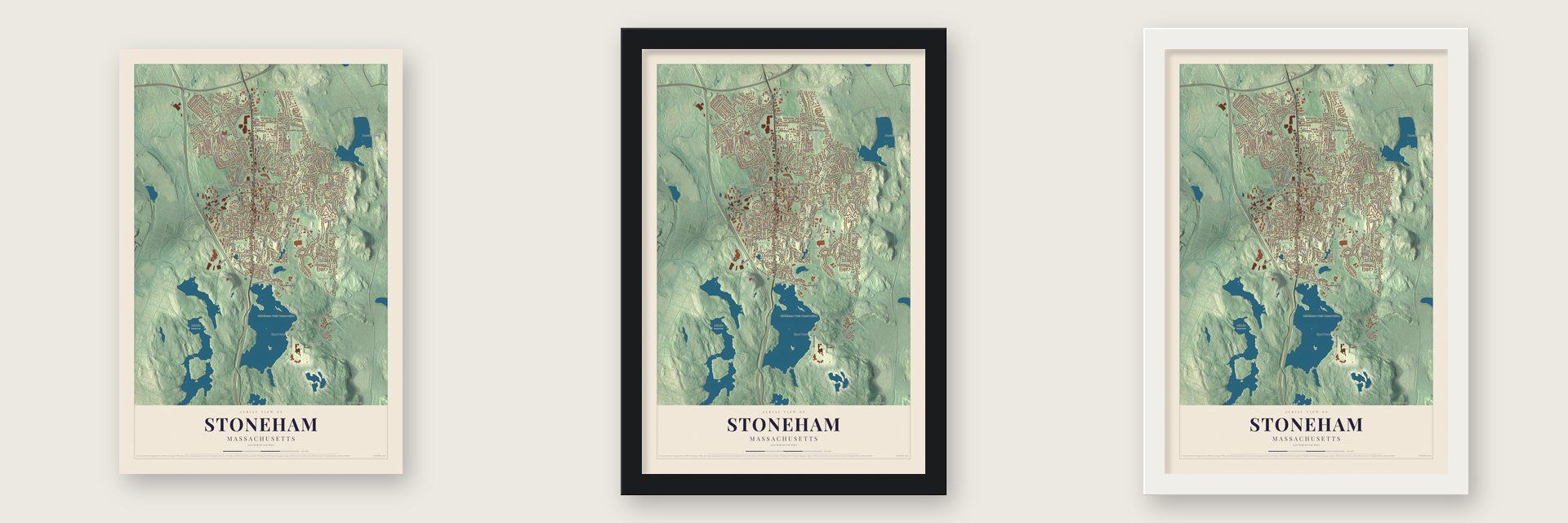 Stoneham, Massachusetts map unframed, in a black wood frame and in a white wood frame