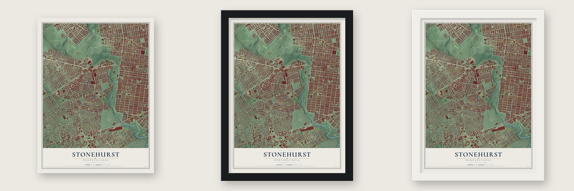 Stonehurst, Pennsylvania map unframed, in a black wood frame and in a white wood frame