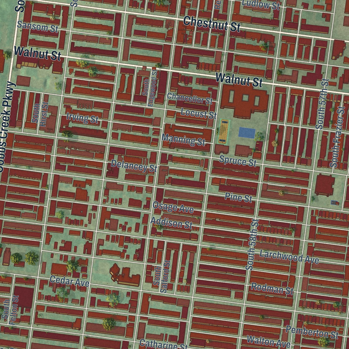 Second close-up of the map of Stonehurst, Pennsylvania print showing more streets and buildings