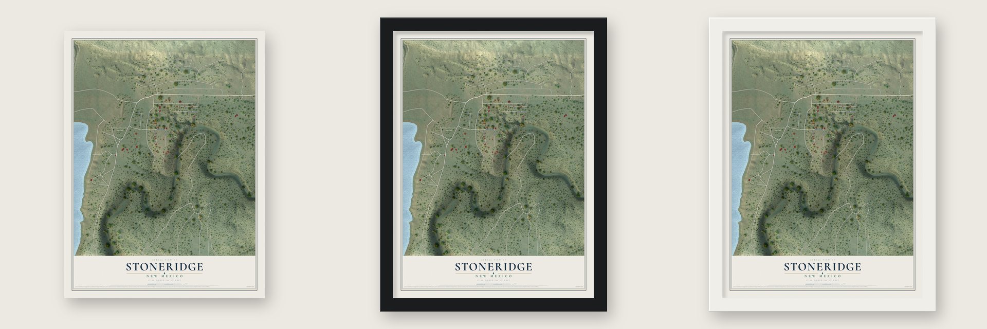 Stoneridge, New Mexico map unframed, in a black wood frame and in a white wood frame