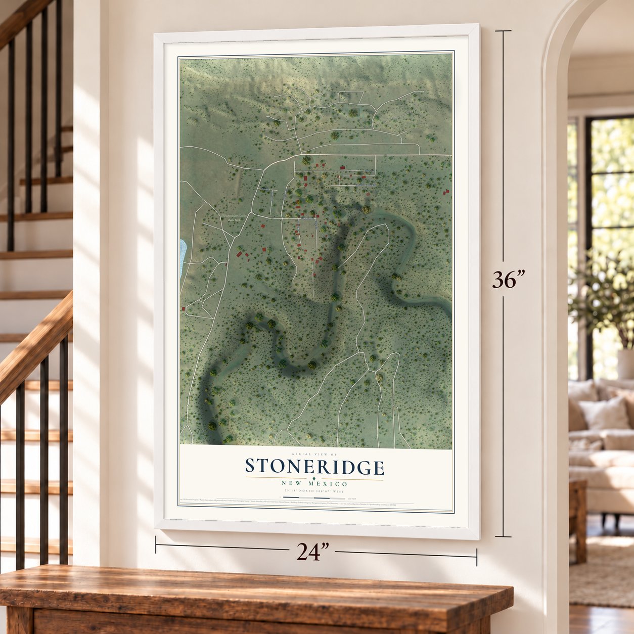 Stoneridge, New Mexico map, 24 x 36 inch print in a white frame by a staircase