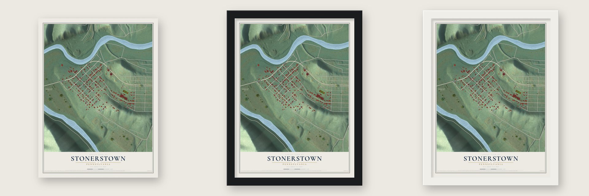 Stonerstown, Pennsylvania map unframed, in a black wood frame and in a white wood frame