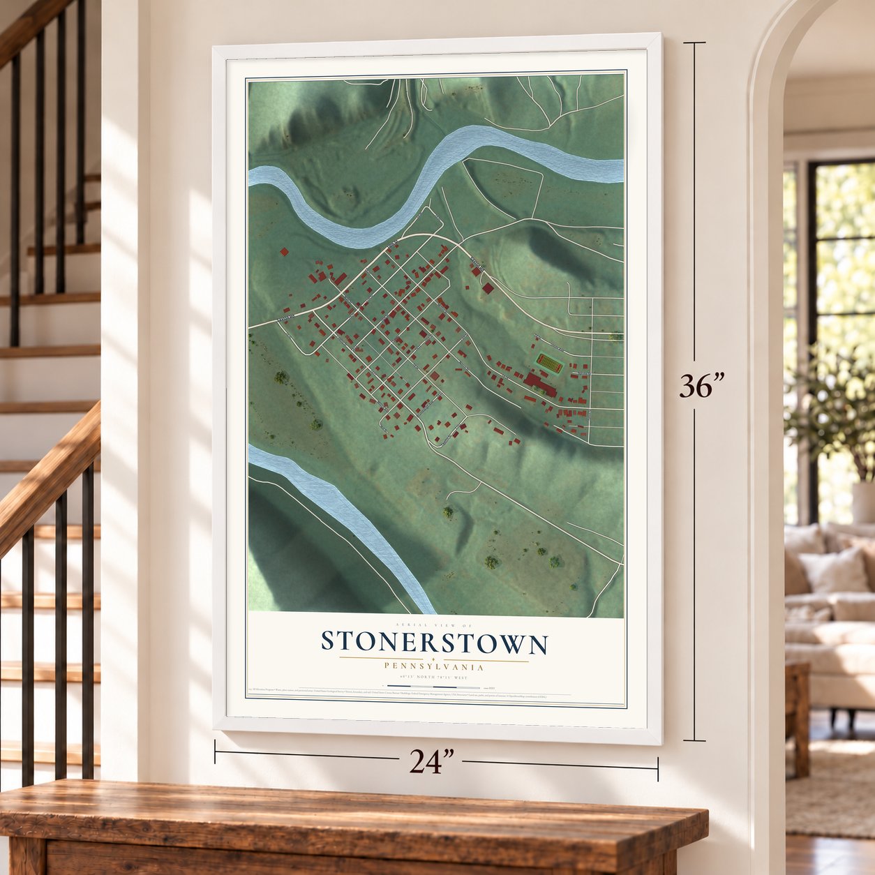 Stonerstown, Pennsylvania map, 24 x 36 inch print in a white frame by a staircase