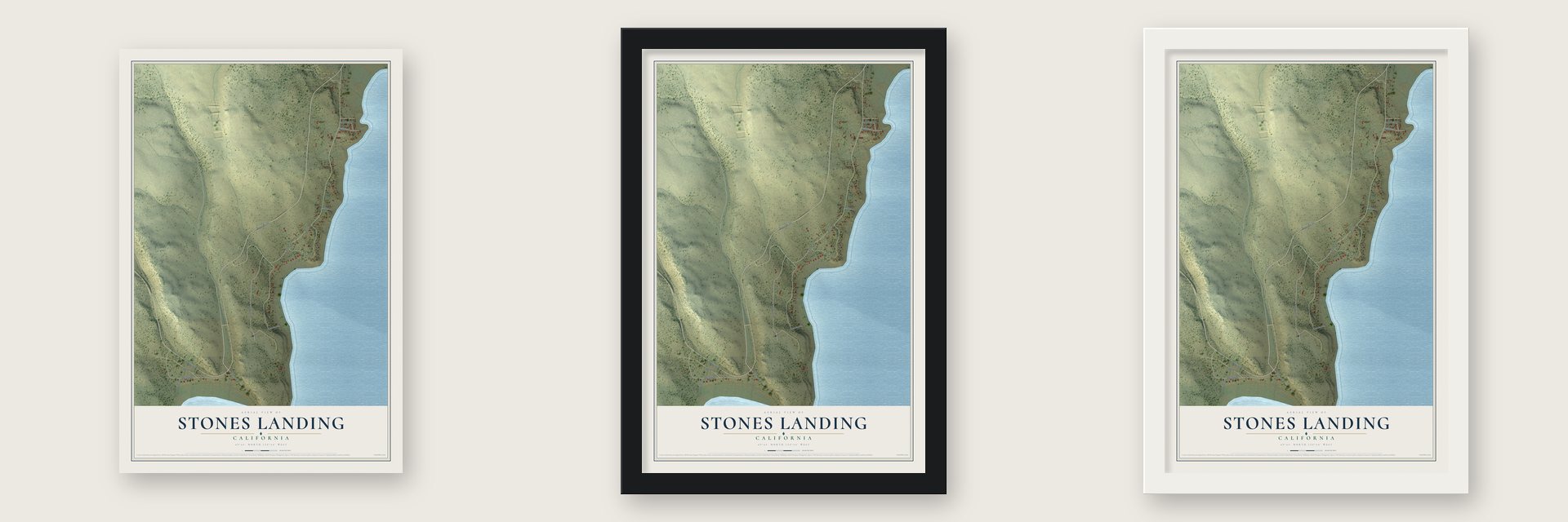 Stones Landing, California map unframed, in a black wood frame and in a white wood frame