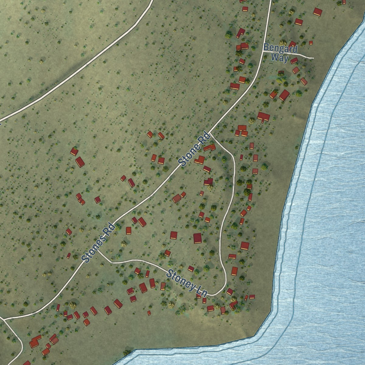 Second close-up of the map of Stones Landing, California print showing more streets and buildings