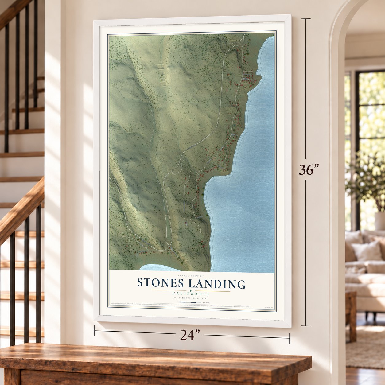 Stones Landing, California map, 24 x 36 inch print in a white frame by a staircase