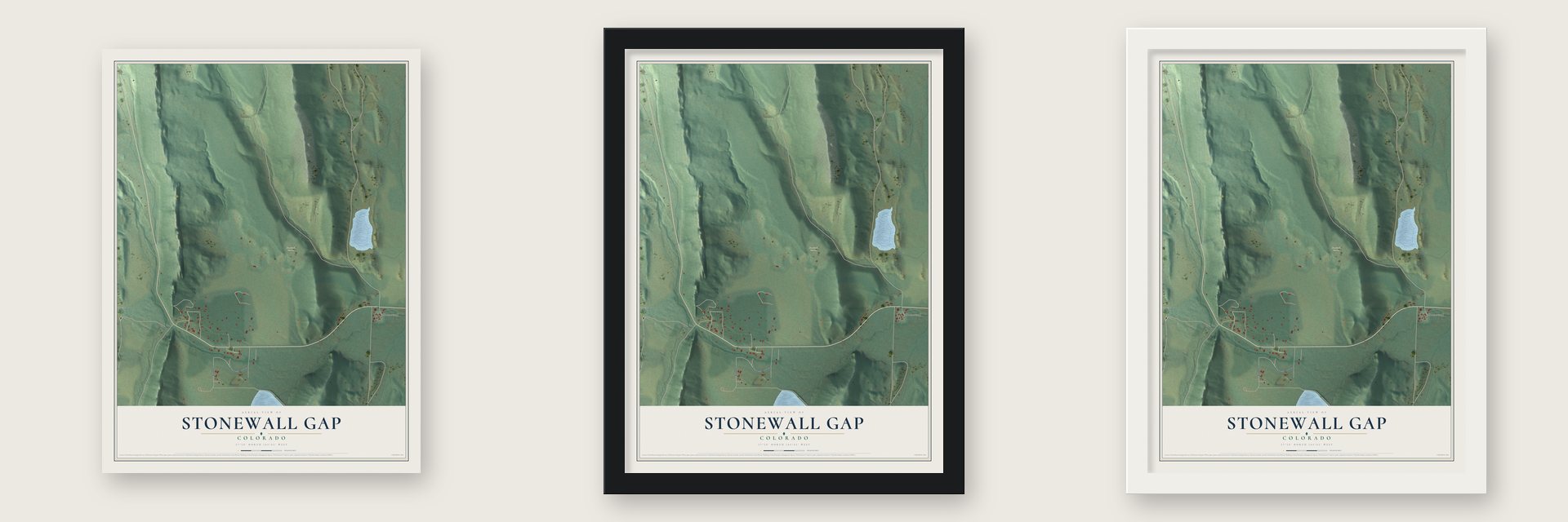 Stonewall Gap, Colorado map unframed, in a black wood frame and in a white wood frame