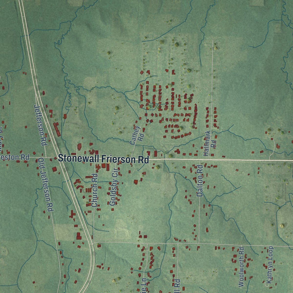 Second close-up of the map of Stonewall, Louisiana print showing more streets and buildings