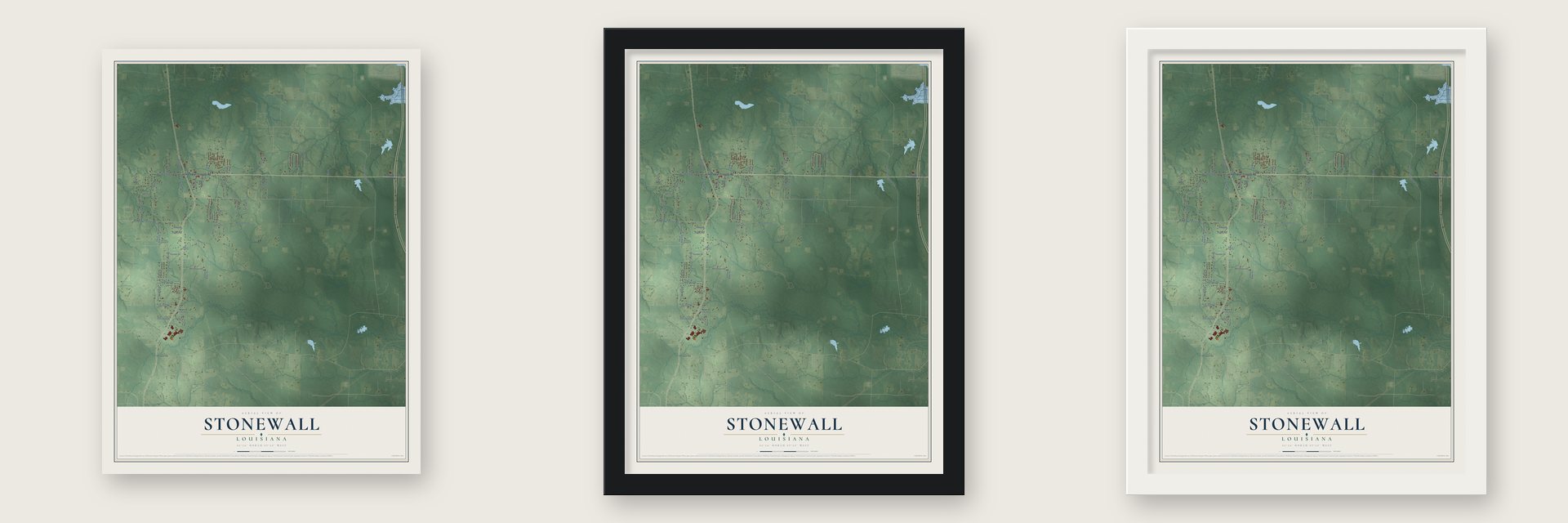 Stonewall, Louisiana map unframed, in a black wood frame and in a white wood frame