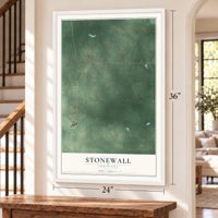 Stonewall, Louisiana map, 24 x 36 inch print in a white frame by a staircase