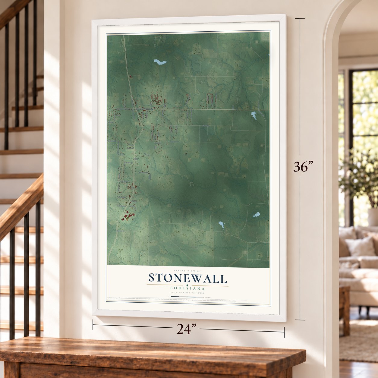 Stonewall, Louisiana map, 24 x 36 inch print in a white frame by a staircase