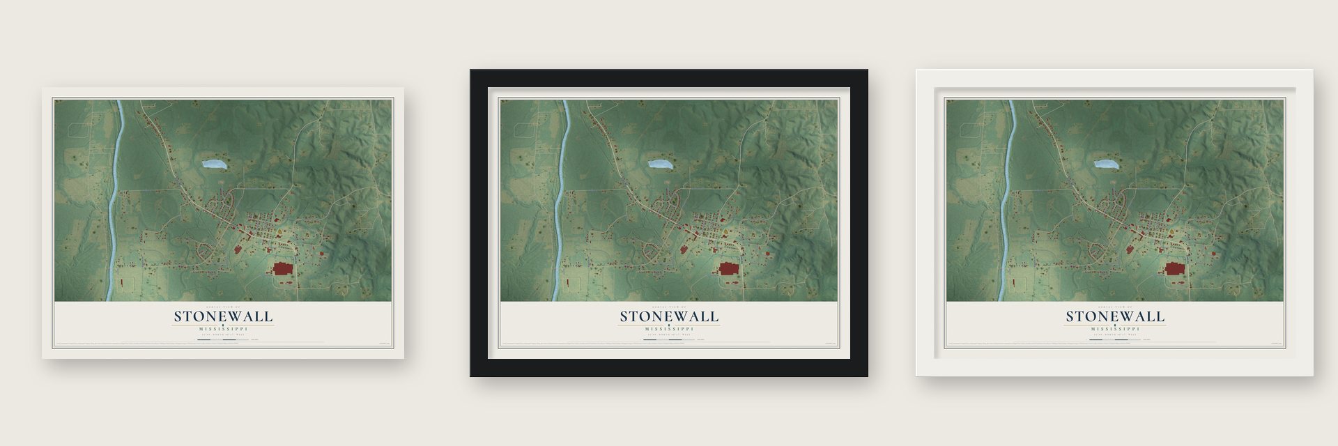 Stonewall, Mississippi map unframed, in a black wood frame and in a white wood frame