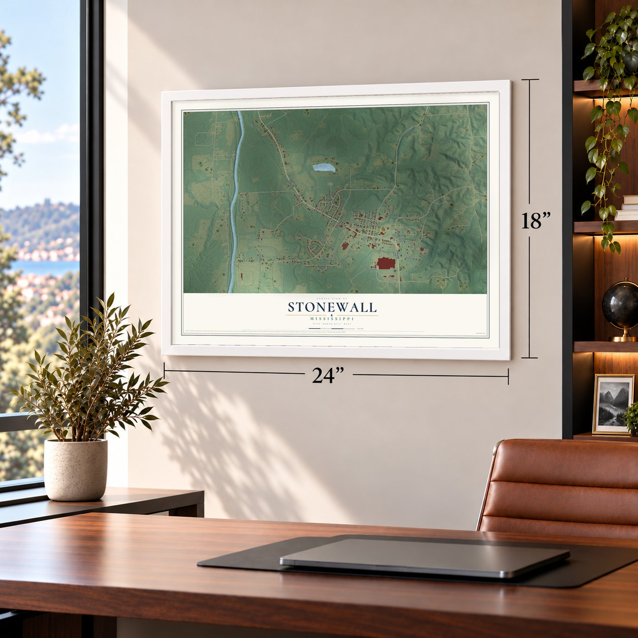 Stonewall, Mississippi map, 18 x 24 inch print in a white frame in a home office