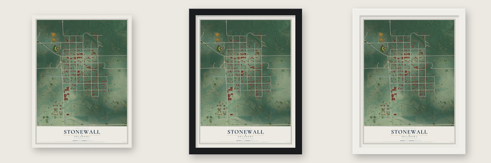 Stonewall, Oklahoma map unframed, in a black wood frame and in a white wood frame