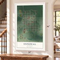 Stonewall, Oklahoma map, 24 x 36 inch print in a white frame by a staircase