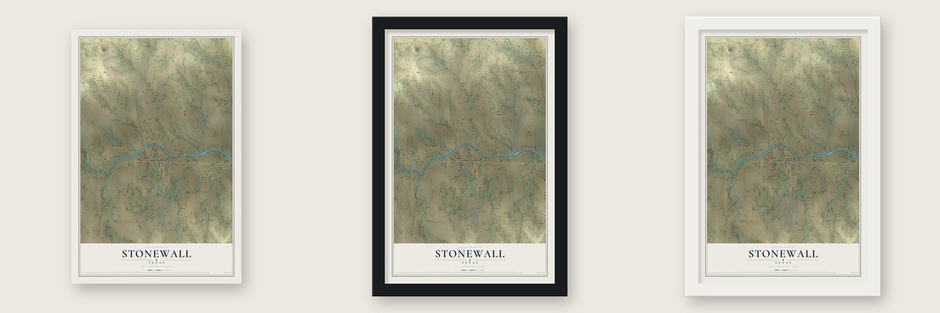 Stonewall, Texas map unframed, in a black wood frame and in a white wood frame