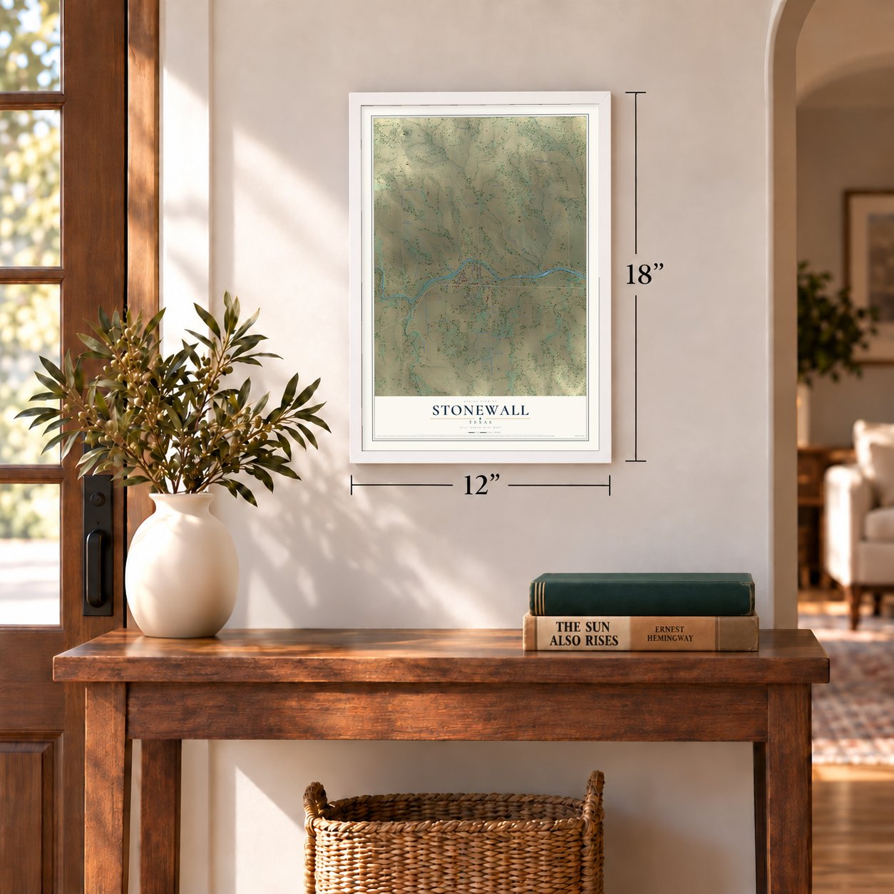 Stonewall, Texas map, 12 x 18 inch print in a white frame in an entryway
