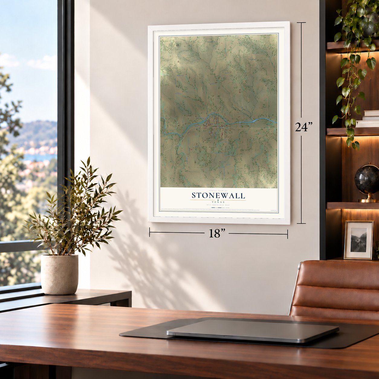 Stonewall, Texas map, 18 x 24 inch print in a white frame in a home office