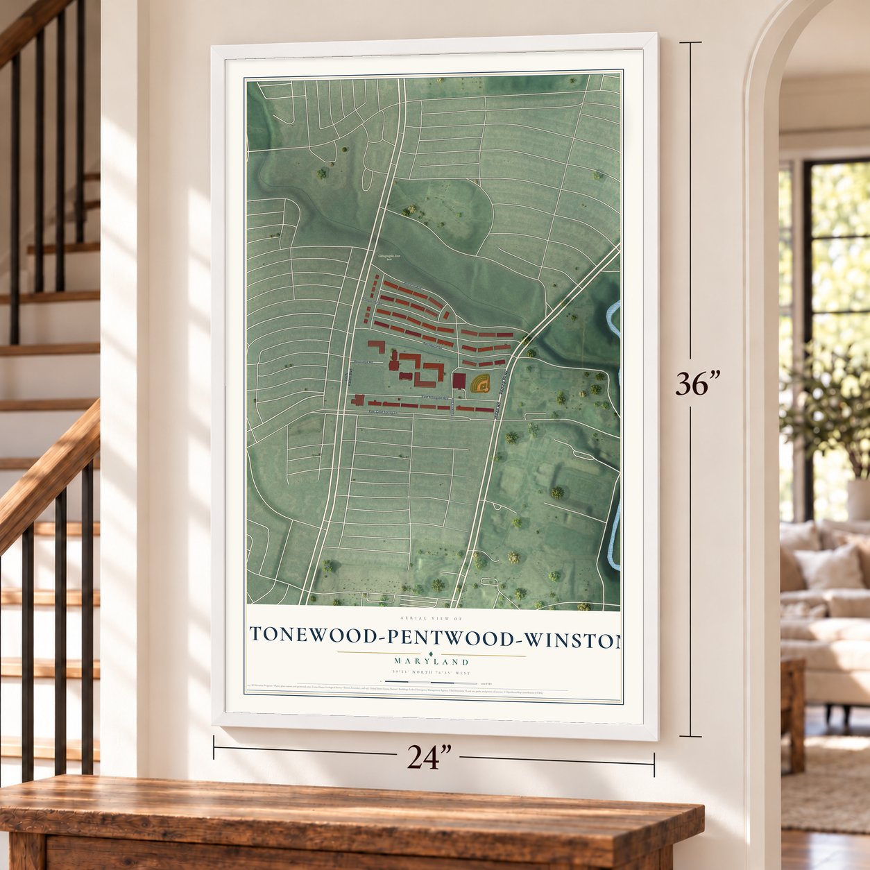 Stonewood-Pentwood-Winston, Maryland map, 24 x 36 inch print in a white frame by a staircase