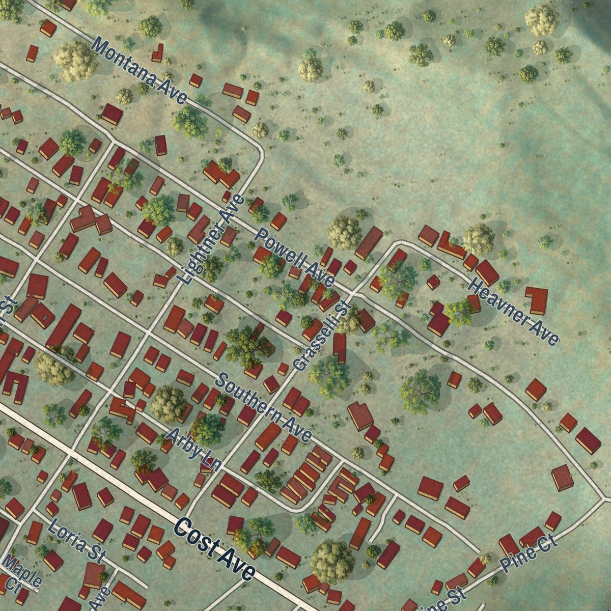 Second close-up of the map of Stonewood, West Virginia print showing more streets and buildings