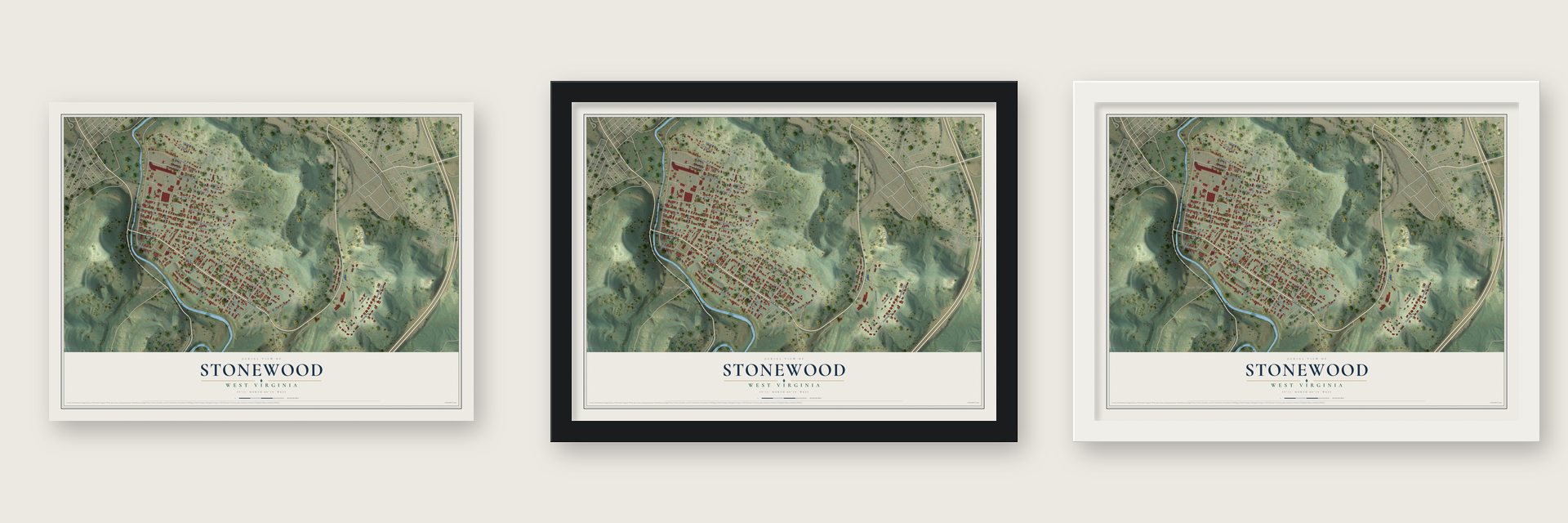 Stonewood, West Virginia map unframed, in a black wood frame and in a white wood frame