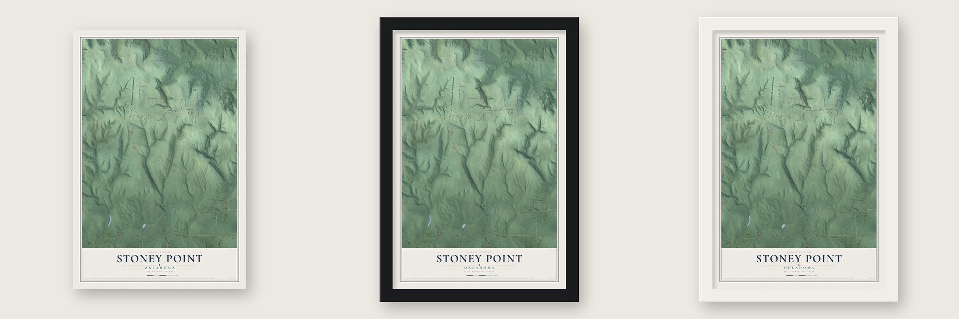 Stoney Point, Oklahoma map unframed, in a black wood frame and in a white wood frame