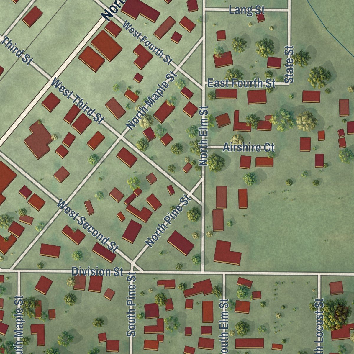 Second close-up of the map of Stonington, Illinois print showing more streets and buildings