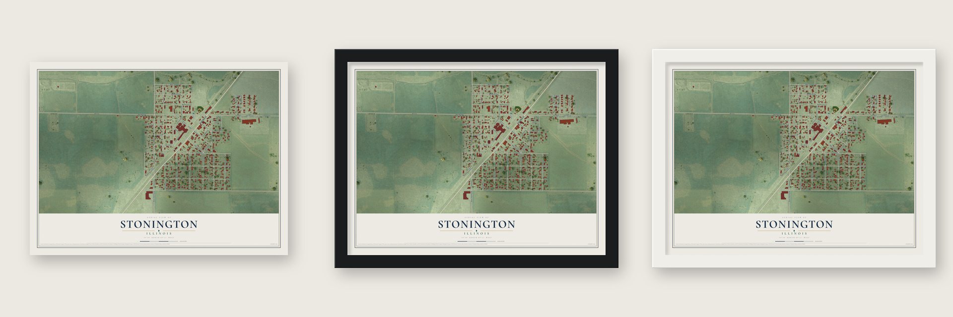 Stonington, Illinois map unframed, in a black wood frame and in a white wood frame