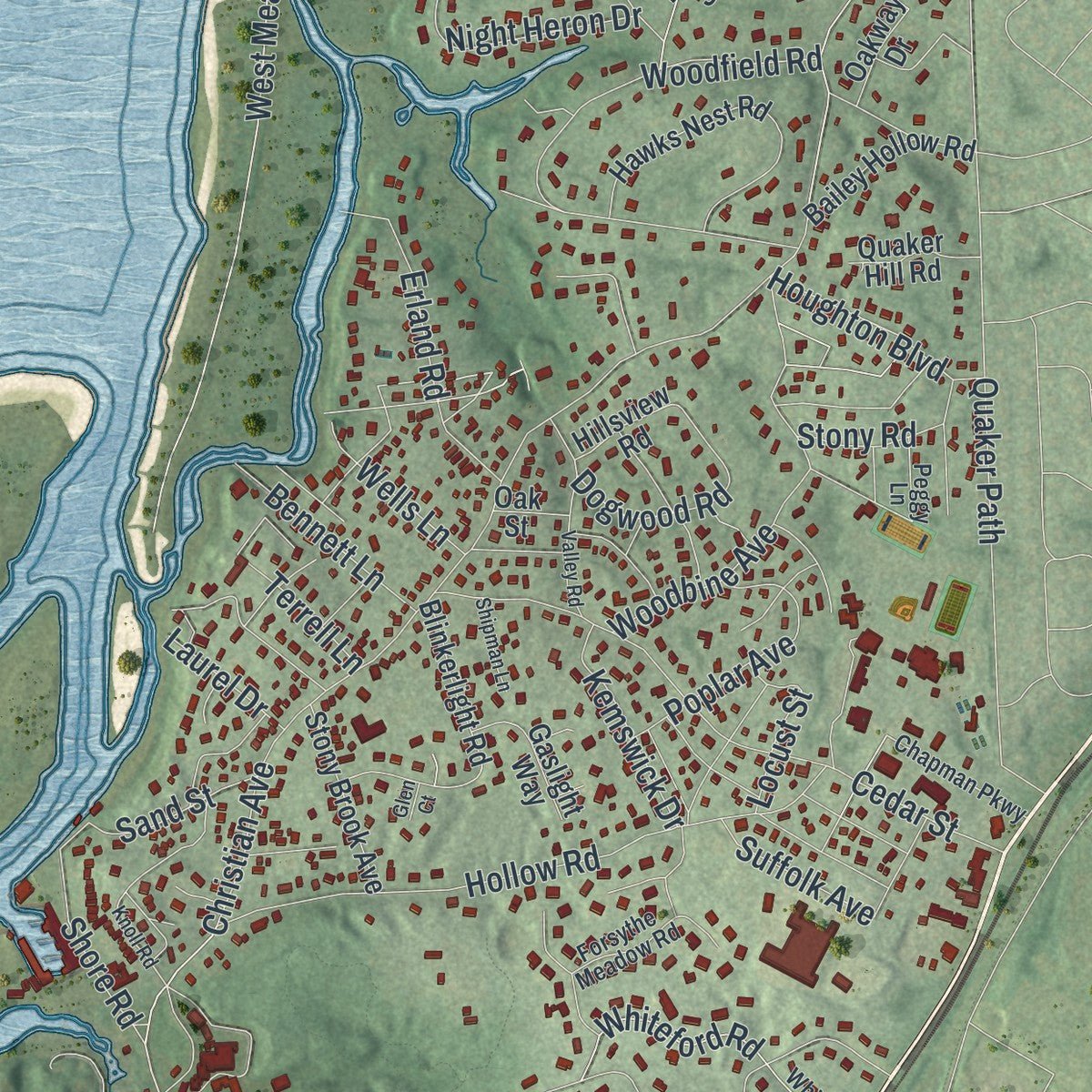 Second close-up of the map of Stony Brook, New York print showing more streets and buildings