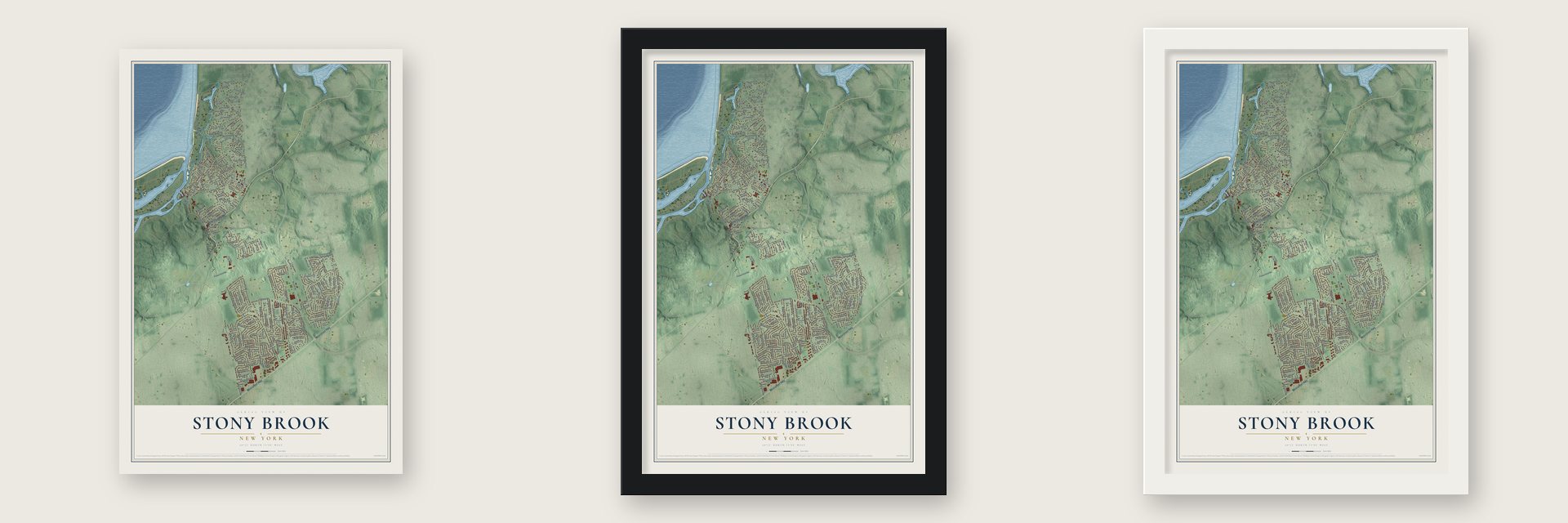 Stony Brook, New York map unframed, in a black wood frame and in a white wood frame