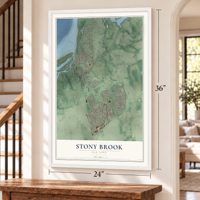 Stony Brook, New York map, 24 x 36 inch print in a white frame by a staircase