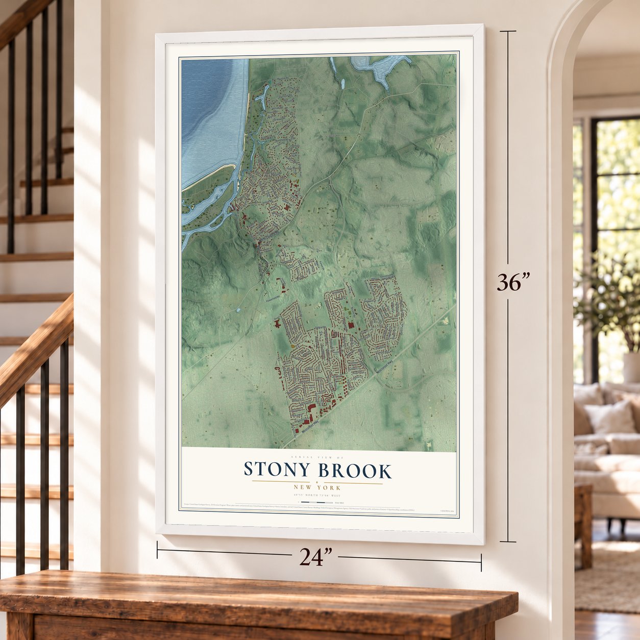Stony Brook, New York map, 24 x 36 inch print in a white frame by a staircase