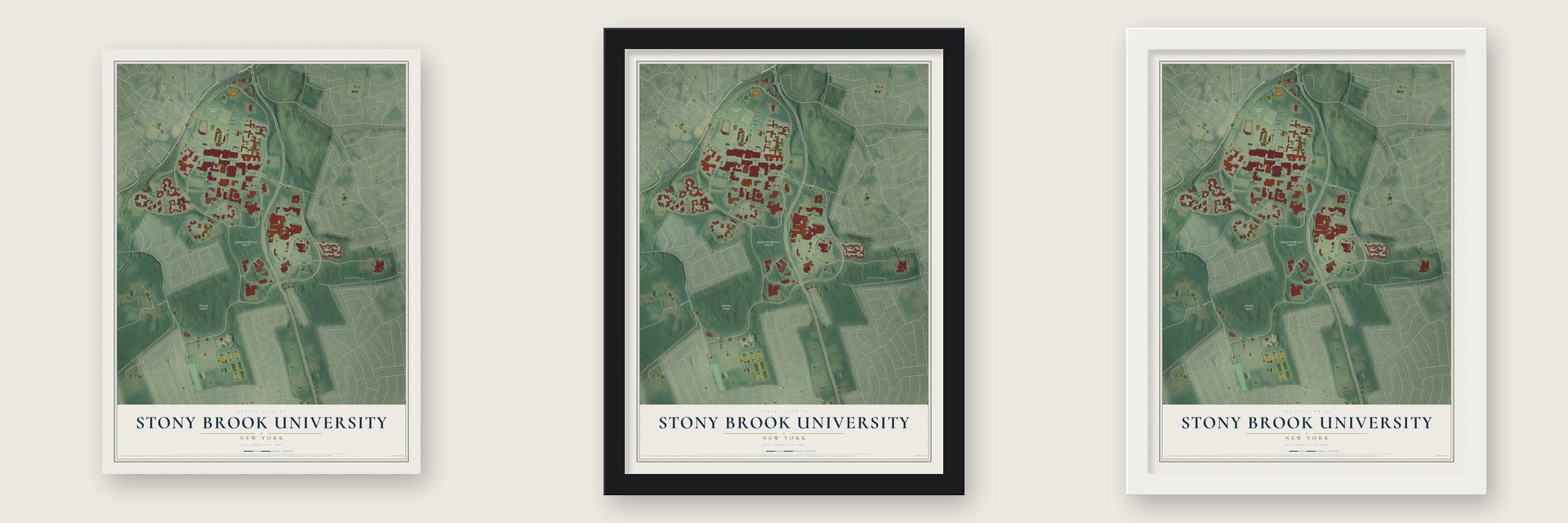 Stony Brook University, New York map unframed, in a black wood frame and in a white wood frame