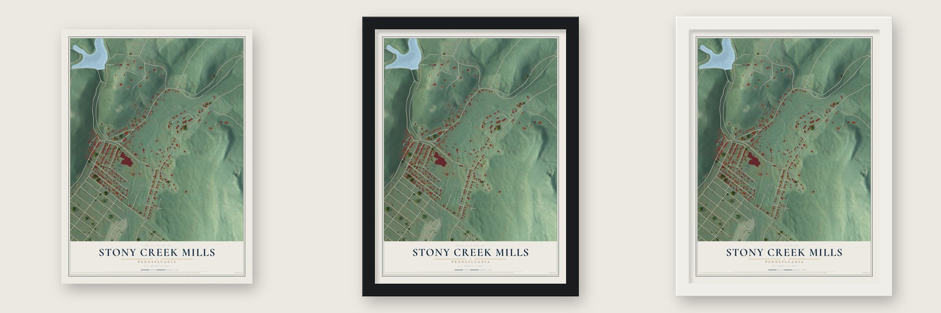 Stony Creek Mills, Pennsylvania map unframed, in a black wood frame and in a white wood frame