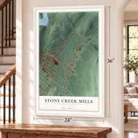 Stony Creek Mills, Pennsylvania map, 24 x 36 inch print in a white frame by a staircase