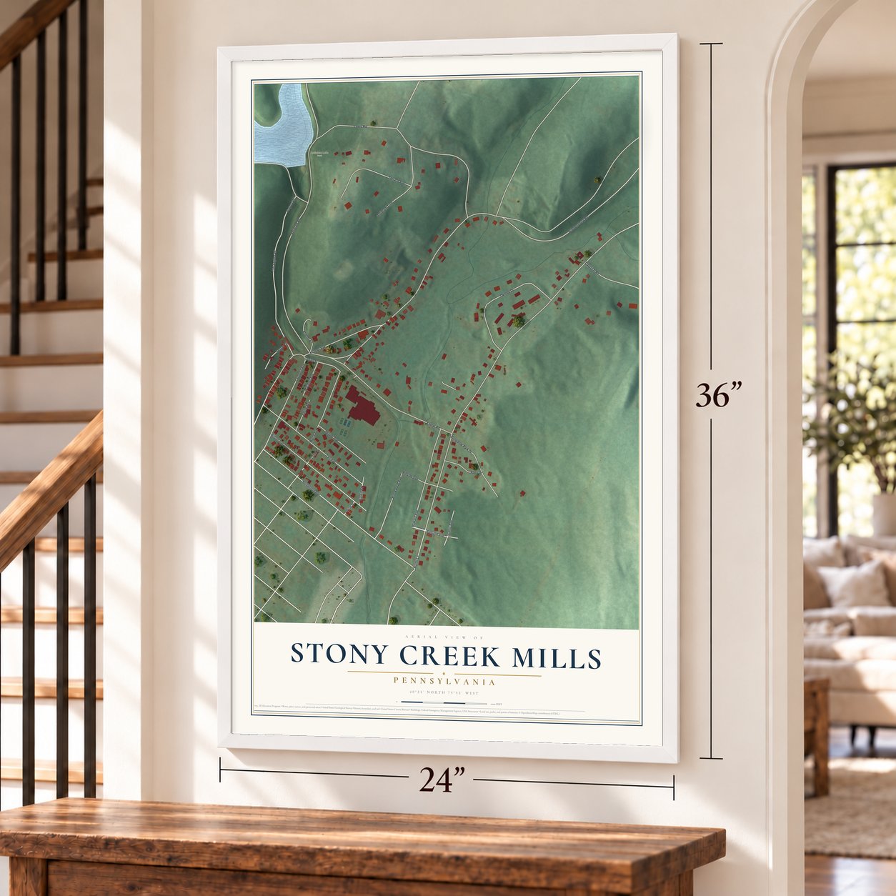 Stony Creek Mills, Pennsylvania map, 24 x 36 inch print in a white frame by a staircase