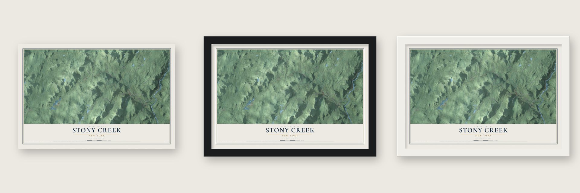 Stony Creek, New York map unframed, in a black wood frame and in a white wood frame