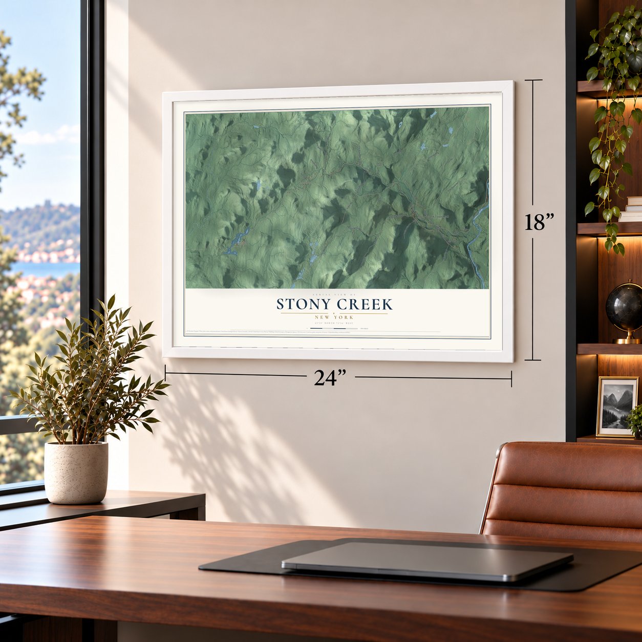 Stony Creek, New York map, 18 x 24 inch print in a white frame in a home office