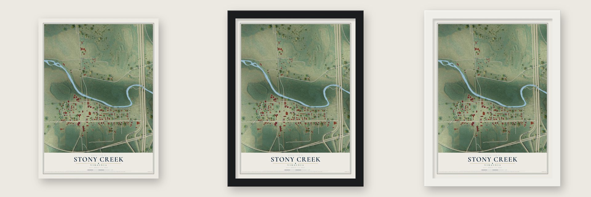 Stony Creek, Virginia map unframed, in a black wood frame and in a white wood frame