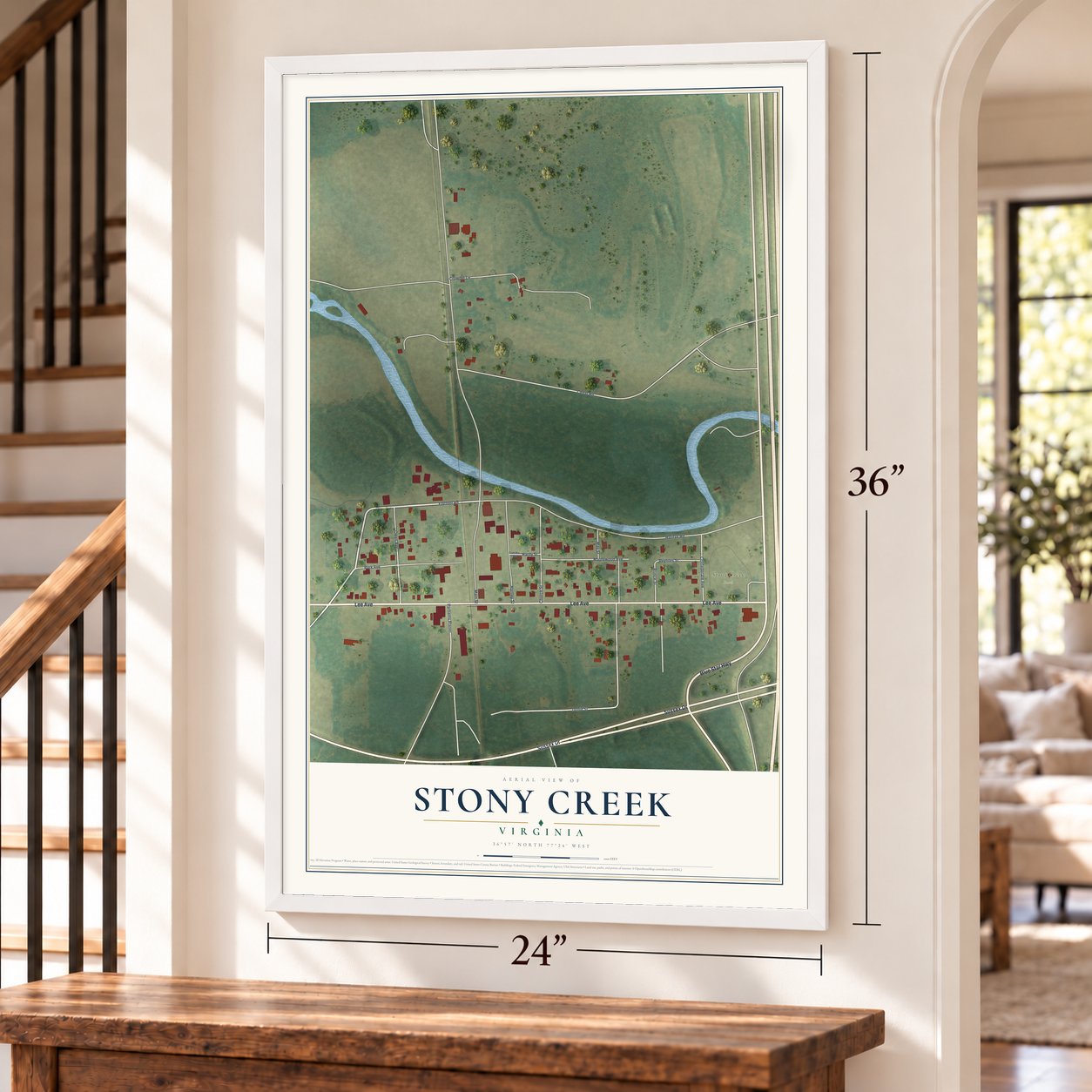 Stony Creek, Virginia map, 24 x 36 inch print in a white frame by a staircase