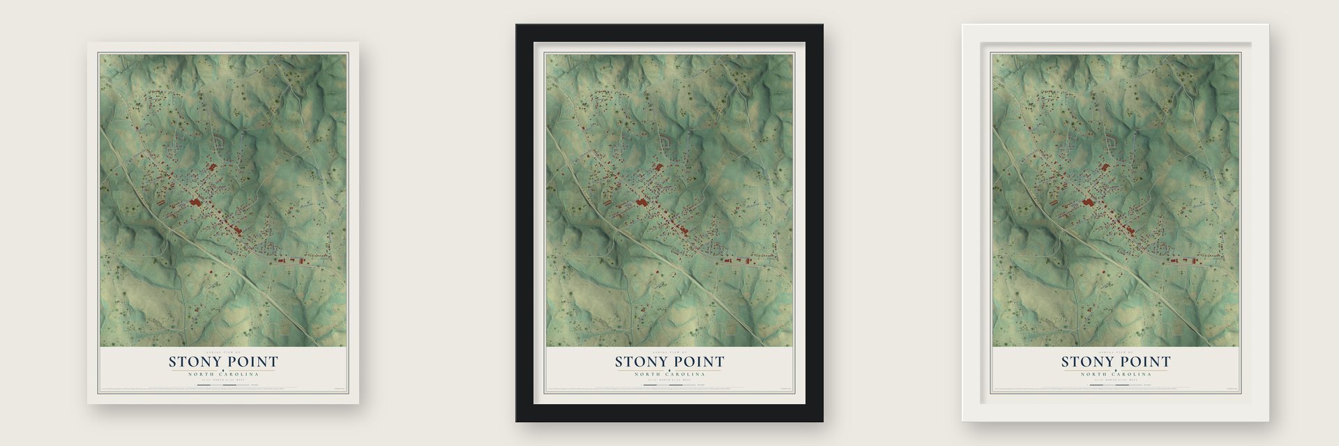 Stony Point, North Carolina map unframed, in a black wood frame and in a white wood frame