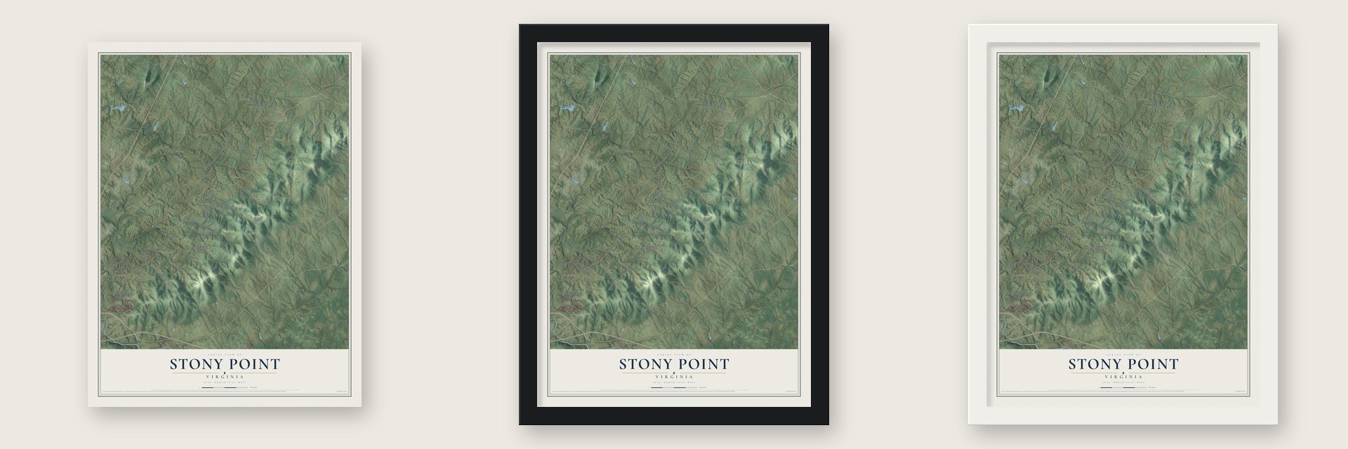 Stony Point, Virginia map unframed, in a black wood frame and in a white wood frame